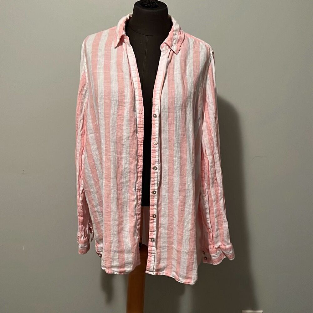 C&C California Women's Pink Linen Striped Long Sleeve Button-Up Shirt
